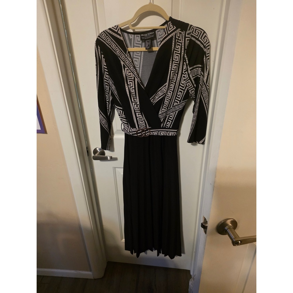Frank Lyman Montreal Black White Greek Key Print Wrap Midi Dress Size 12 Canada